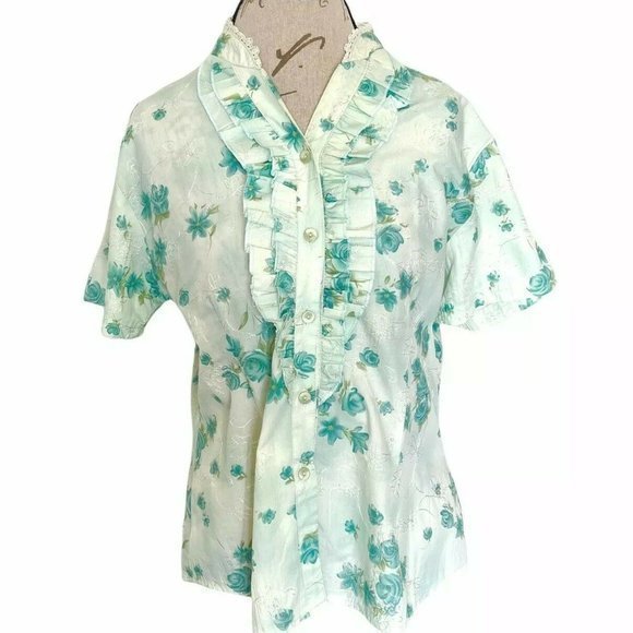 Newnoble Ruffle Floral Button Blouse Embroidered Rockabilly 50's 60's look - Picture 4 of 12